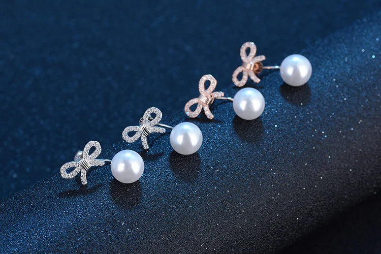 925 Sterling Silver Earrings Mosaic Zirconia Bowknot Pearl Stud Earrings For Women oorbellen brincos pendientes S-E371