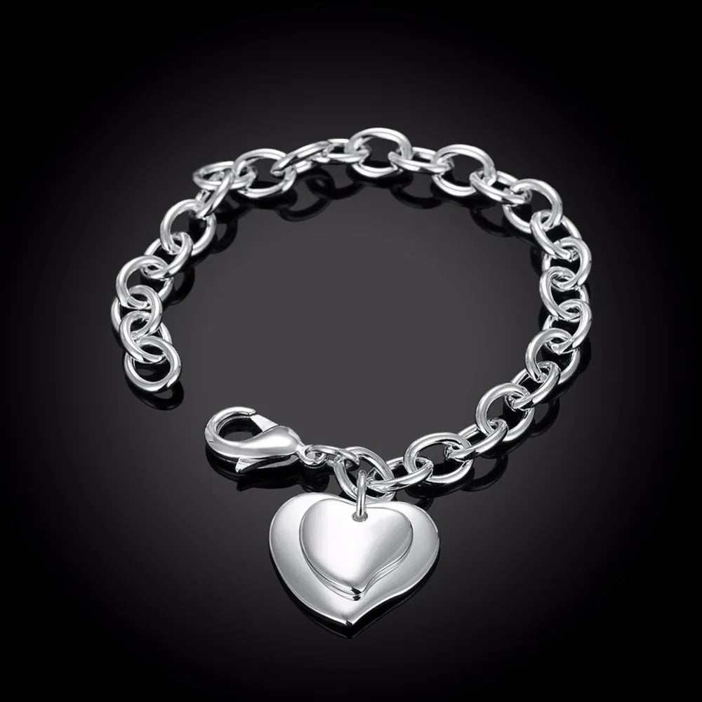 Lekani New 925 stamp silver color Jewelry Bracelet Silver 925 Jewelry Double Heart Bracelets For Women Charm Bracelets & Bangles