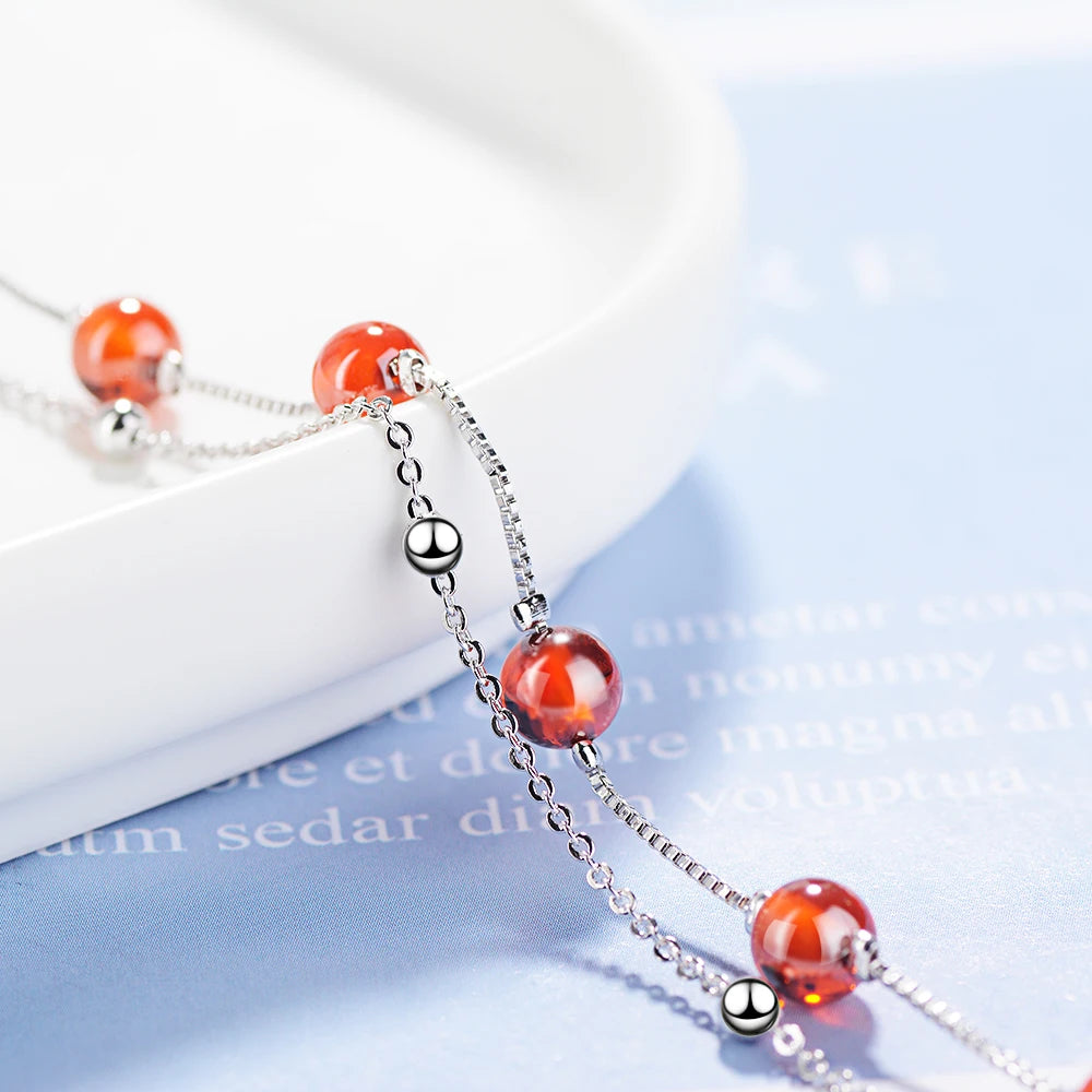 925 Sterling Silver Fashion Women's Jewelry Red Garnet Stone Double Layer Beads Bracelet 16cm For Gift Girls Lady Drop Shipping