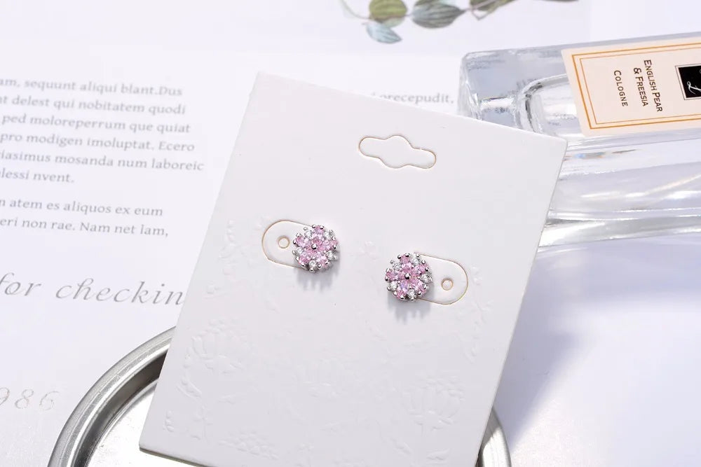 925 silver needle Pink Crystal Zirconia Cherry Blossom Flower Stud Earrings For Women Girl Brincos S-e242