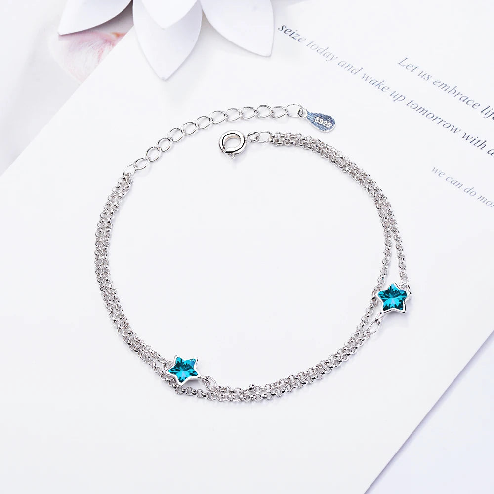 Fashion Shiny Blue Crystal Star Double Layer Chain Link Bracelet For Women Gift 925 Sterling Silver Baraclet Pulseira Bijoux