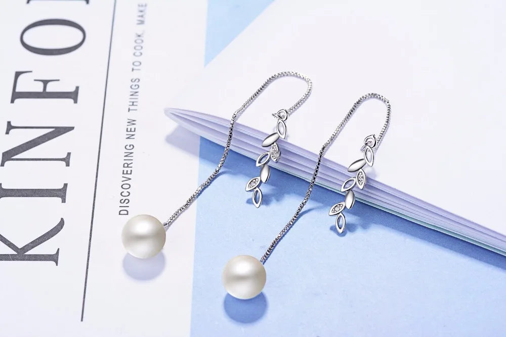 Trendy Tassel Real Pearl Earrings For Women 925 stamp silver color Wedding Long Drop Dangle Tassel Leaves Earring Jewelry