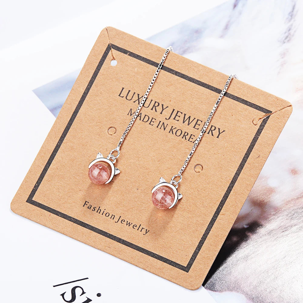 Real 925 Sterling Silver 2019 Women Fashion Cute Pink Strawberry Crystal Cat Long Tassel Drop Earrings For Daughter Girls