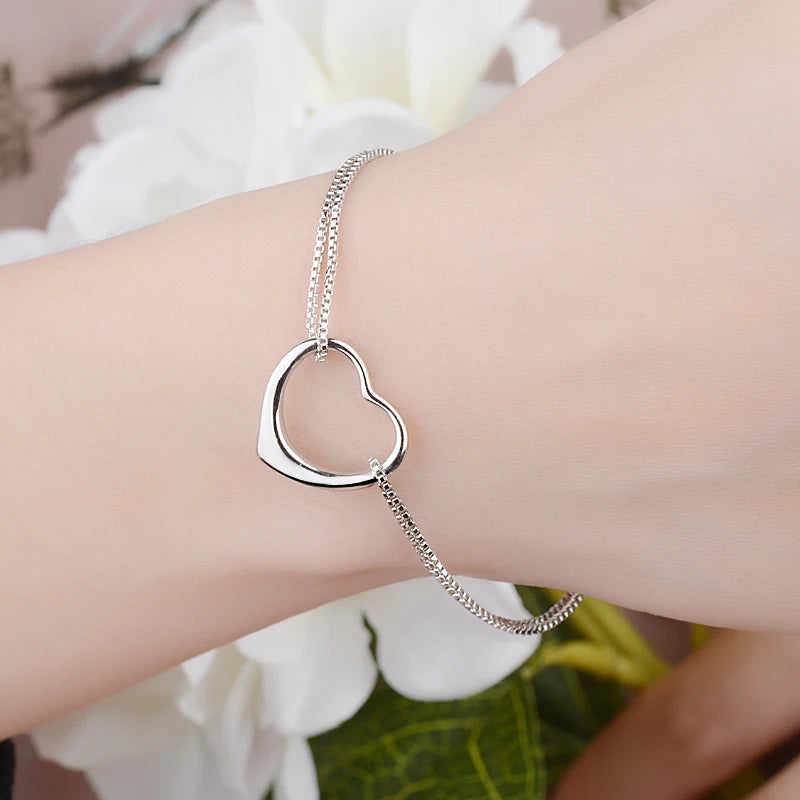 Slim Box Chain 925 Sterling Silver Hollow Heart Charm Bracelets For Women Silver 925 Fine Jewelry Girl's Birthday Gift