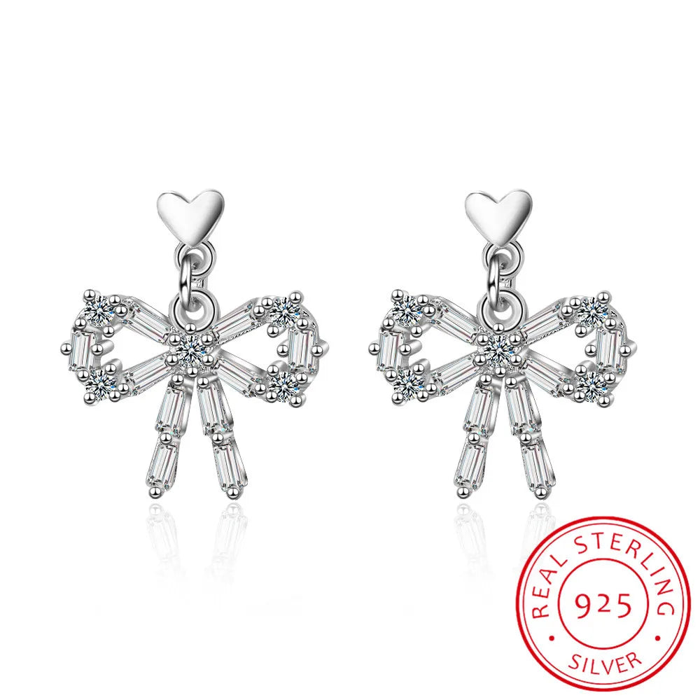 925 Sterling Silver Sweet Dazzling Bowknot Cz Crystal Stud Earring Pendientes Brincos For Women Sterling Silver Jewelry Gift