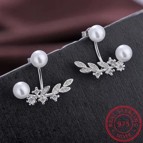 Charming Anniversary Fine Jewelry Good Lovely Girl Trendy 925 Sterling Silver Leaf Shape Pearl Dangle Earrings For Women