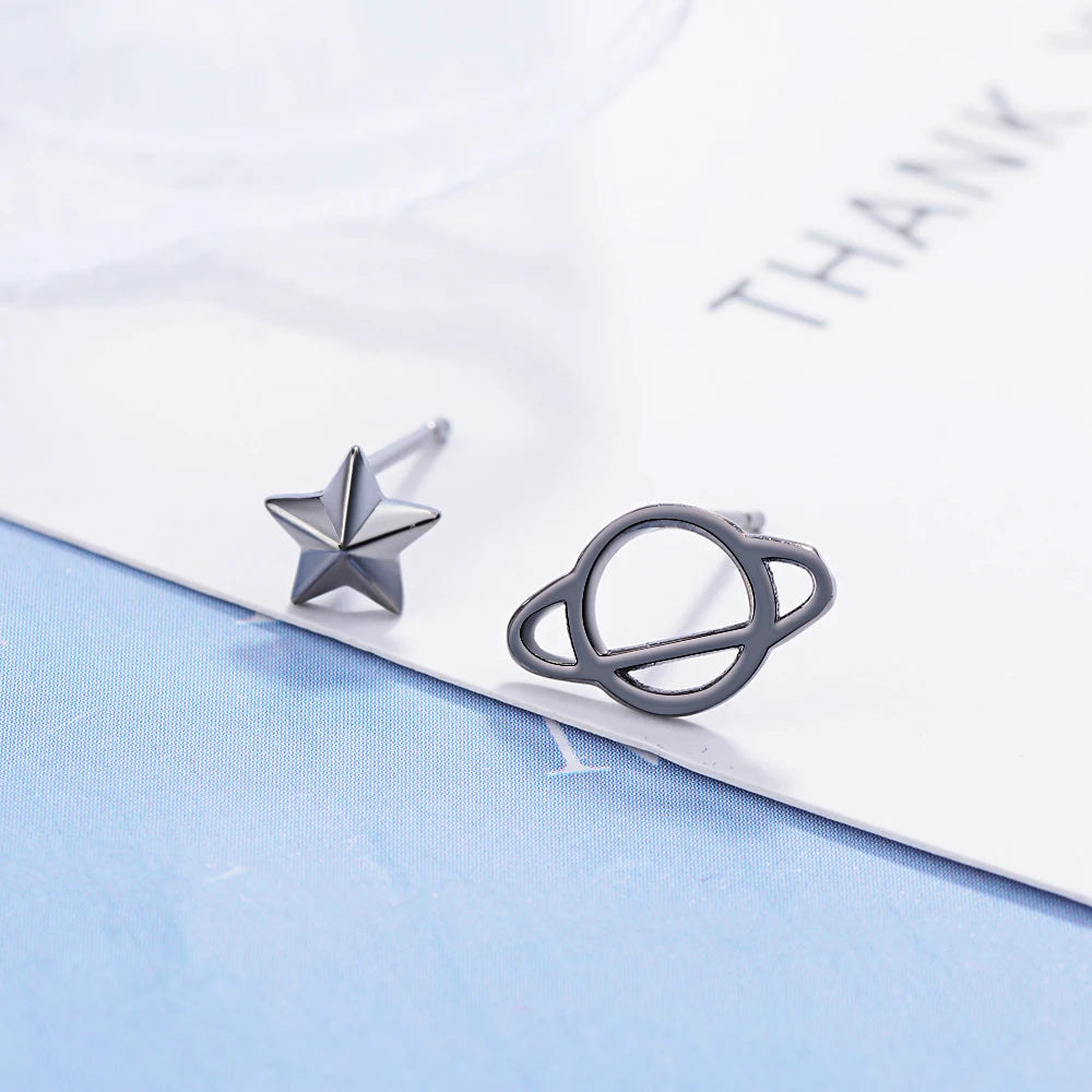 100% 925 silver needle Asymmetry Planet Star Stud Earrings For Women Simple Fashion Party Jewelry