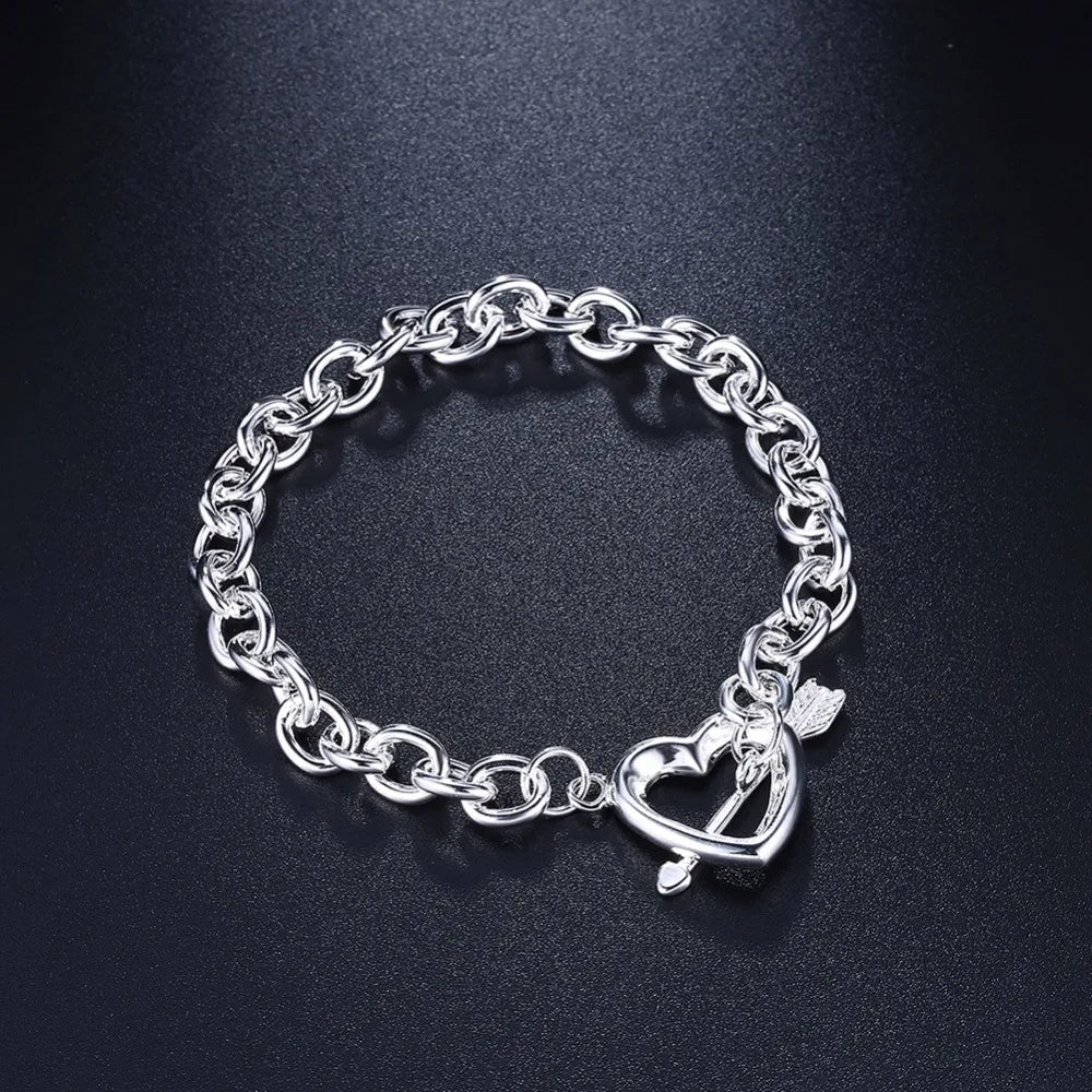 Lekani Free Shipping Unisex Heart Arrow Bracelets 925 stamp silver color Men Women Cuff Bracelet Pulseiras Bijoux Joyas De Plata