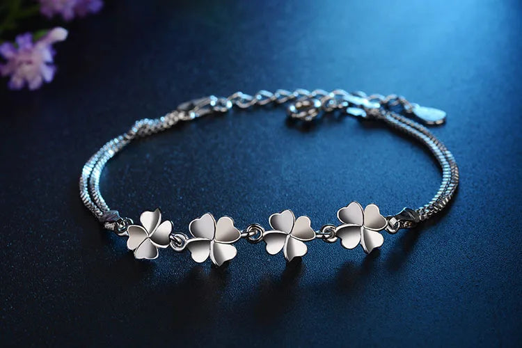 New Fashion 925 Sterling Silver Bracelet For Women Party Luxury Crystal Sweet Love Heart Four Leaves Clover Bangles Fine Jewelry