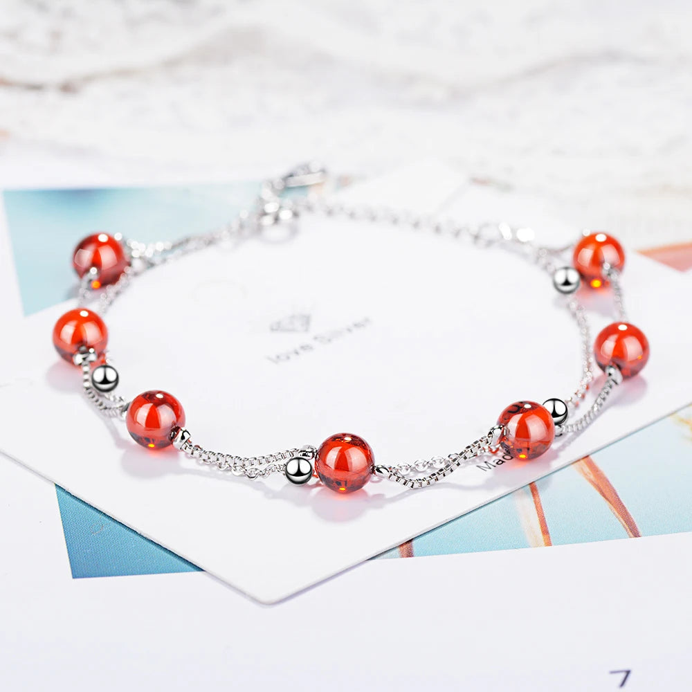 925 Sterling Silver Fashion Women's Jewelry Red Garnet Stone Double Layer Beads Bracelet 16cm For Gift Girls Lady Drop Shipping