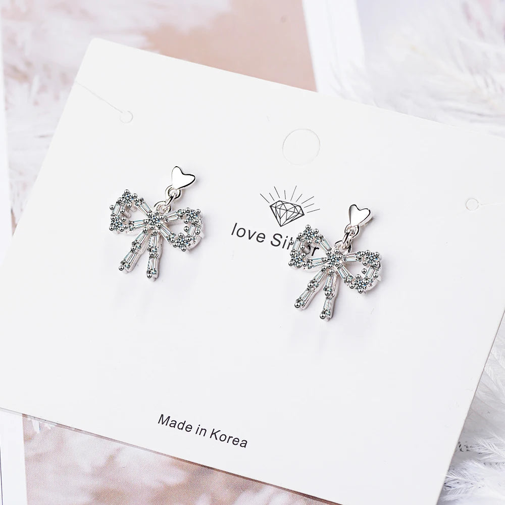 925 Sterling Silver Sweet Dazzling Bowknot Cz Crystal Stud Earring Pendientes Brincos For Women Sterling Silver Jewelry Gift