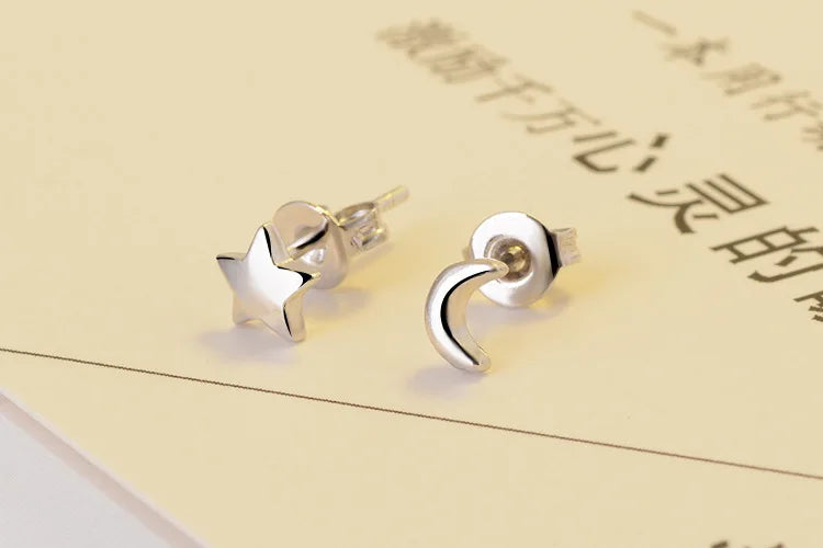 925 silver needle Simple Cut Earrings Moon Star Asymmetrical Small Stud Earrings For Women Jewelry Wholesale S-e148