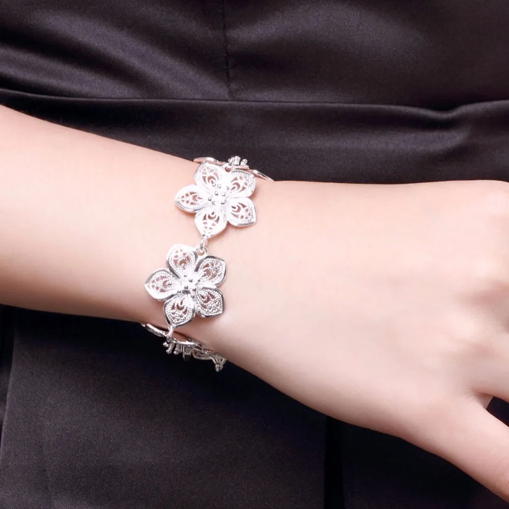 Lekani Hot Sale 925 stamp silver color Plum Bracelet Beautiful Flowers For Women Classic High- Quality Fine Jewelry