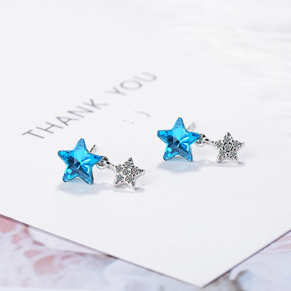 Real 925 silver needle Blue Crystal Double Star Stud Earrings For Women Fashion Silver Star Brincos Oorbellen