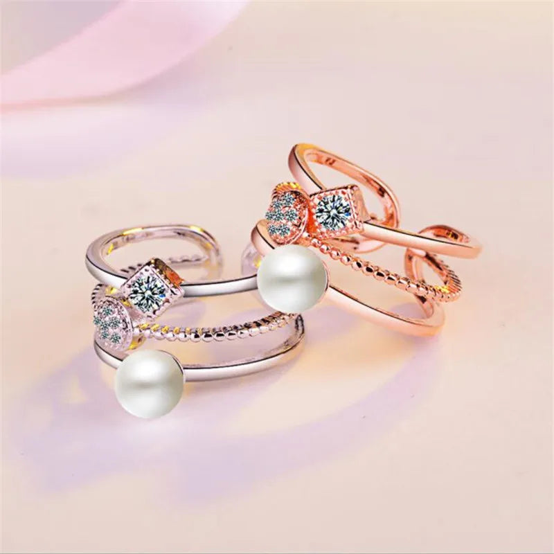 925 Sterling Silver Rings For Women Trendy Multi-layer Pearl Mosaic Cz Zirconia Resizable Rings Bague Femme S-r217