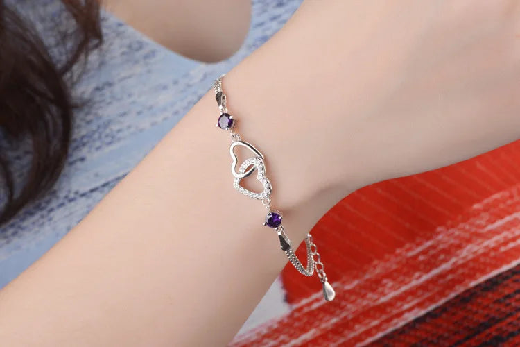 New Fashion 925 Sterling Silver Double Heart Purple Zircon Bracelets For Women Crystal Fine Jewelry Pulseira Feminina