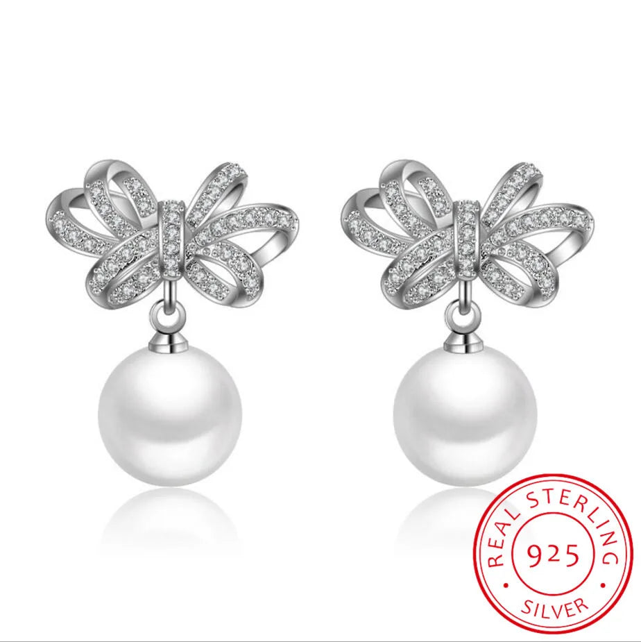 925 silver needle Jewelry Shiny Cz Zirconia Bowknot Pearl Stud Earrings Pendientes Boucles D'oreilles Oorbellen S-e351