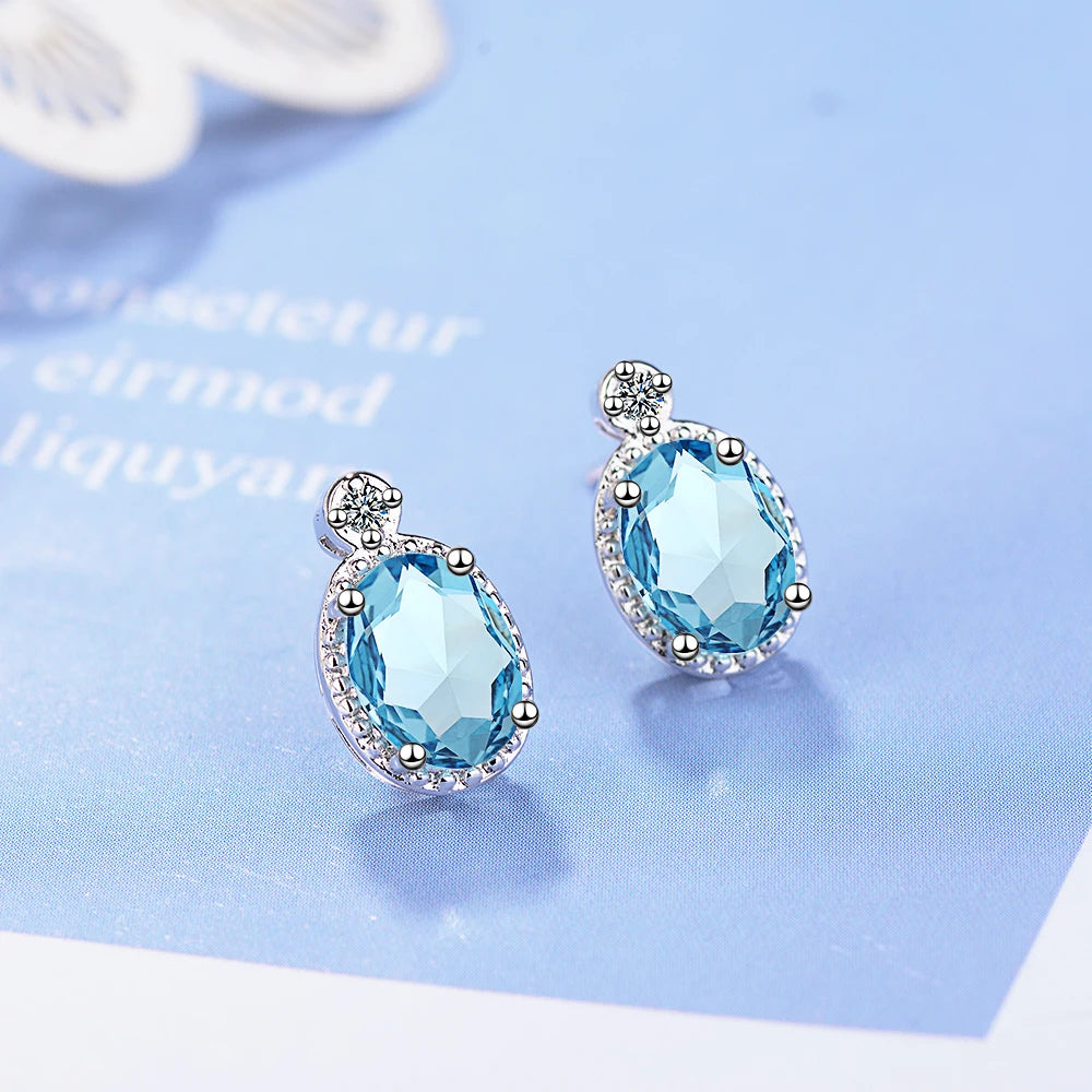 Oval 1.8 Carat Natural Sky Blue Topaz Birthstone Stud Earrings Genuine 925 silver needle Fine Jewelry For Women