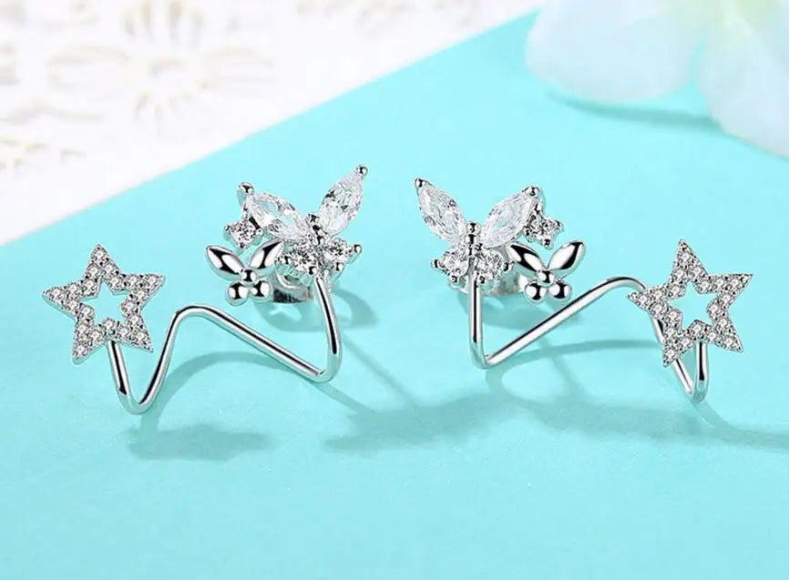 925 Sterling Silver Butterfly Star Cz Zirconia Stud Earring For Women Pendientes Oorbellen Boucle D'oreille Brincos Gift S-e331