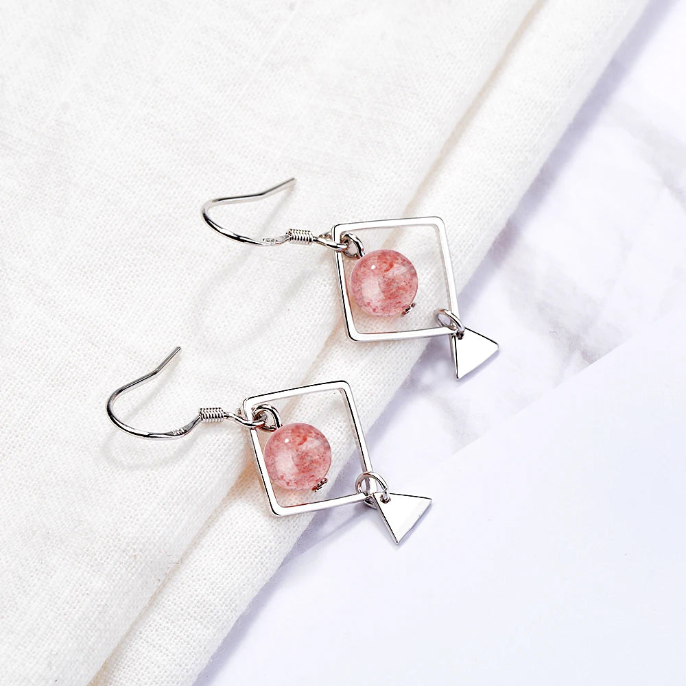 Simple Square Triangle Strawberry Crystal Earrings 925 stamp silver color Tassel Earrings For Women S-e679