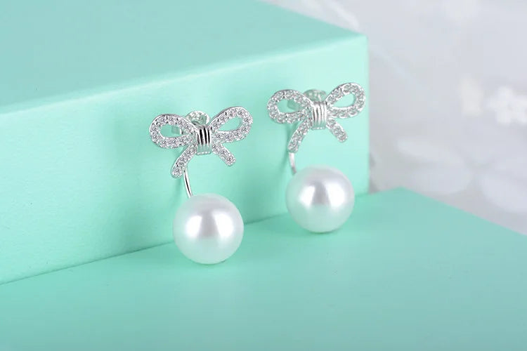 Newest Style Free Shipping Fashion Sterling Silver 925 Crystal Bowknot Pearl Stud Earrings Jewelry Pendientes Brincos