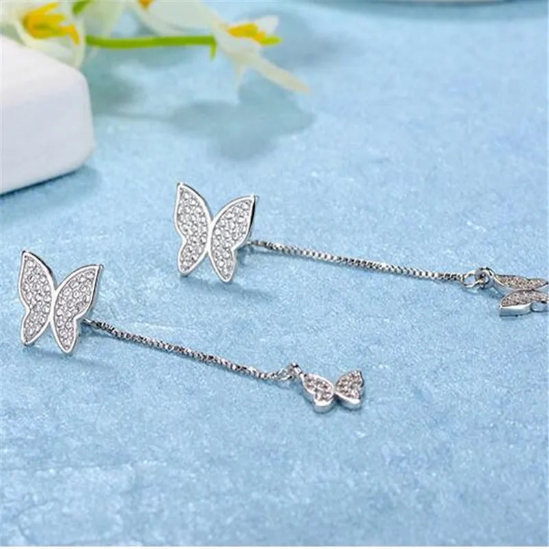 925 Sterling Silver Earrings For Women Dazzling Micro Cz Zirconia Butterfly Tassel Earrings Oorbellen S-e559