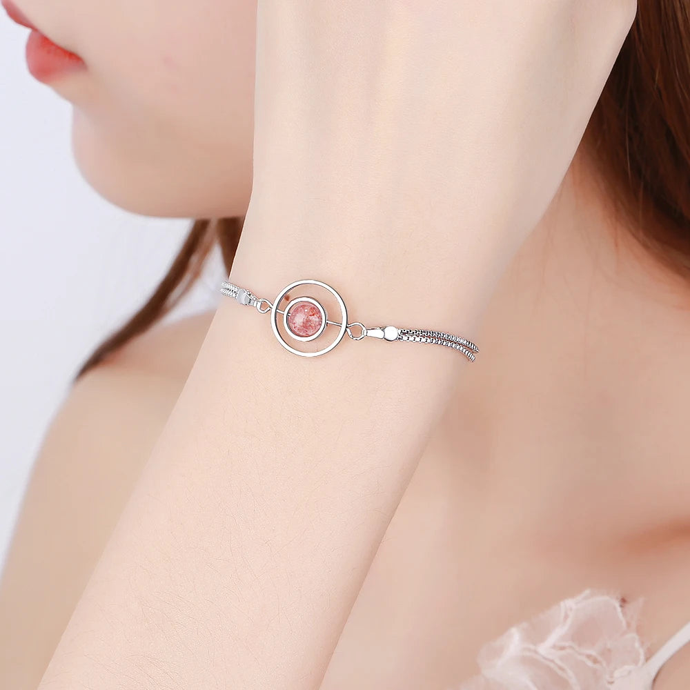 Real. 925 Sterling Silver Fine Jewelry 8mm Natural Strawberry Quartz Stone Into The Circle Chain Bracelet Gtls516