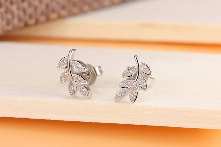 925 silver needle Olive Branch Leaves Stud Earrings Micro Pave Cubic Zirconia For Women Girls Fine Jewelry Brincos