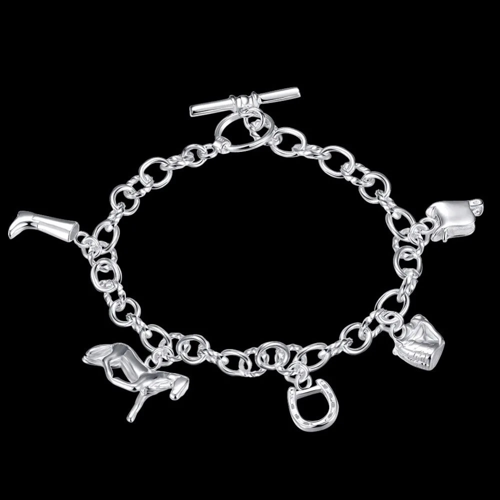 Lekani  Latest Style 925 stamp silver color Link Chain Horse Bracelet Horseshoe Charms Bracelets For Women Fine Jewelry