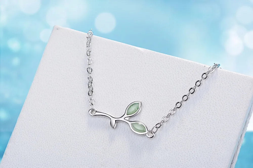 100% 925 Sterling Silver Opal Green Leaves Buds Charm Bracelets For Women High Quality Fine Jewelry