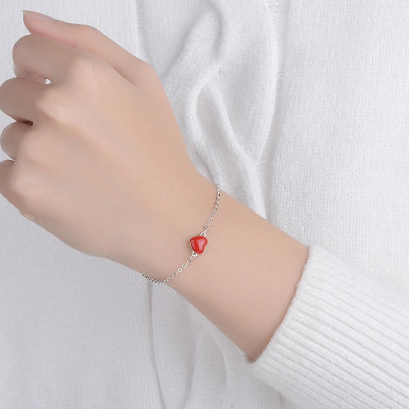 Lucky Double-sided Red Heart 925 Sterling Silver Bracelet For Women Simple Fashion Sterling-silver Jewelry S-b130