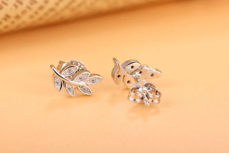 925 silver needle Olive Branch Leaves Stud Earrings Micro Pave Cubic Zirconia For Women Girls Fine Jewelry Brincos