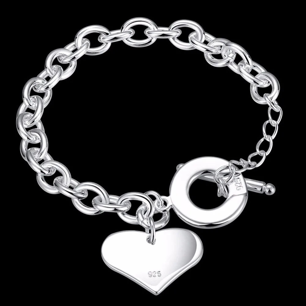 Lekani Fashion Smooth Love Heart Charm Bracelet For Women 925 stamp silver color Bracelets Female Hand Chain Wristband Pulseira