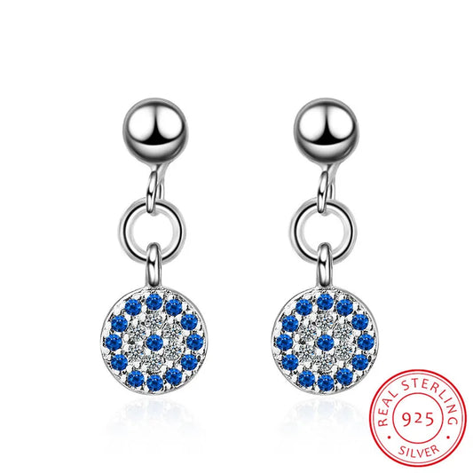 925 Sterling Silver Earrings For Women Micro-inlaid Blue Clear Cz Zirconia Round Lucky Turkey Evil Of Eye Earrings S-e571