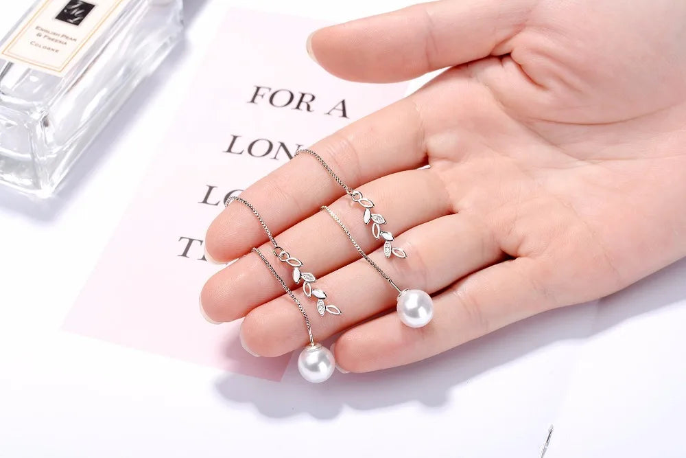 Trendy Tassel Real Pearl Earrings For Women 925 stamp silver color Wedding Long Drop Dangle Tassel Leaves Earring Jewelry