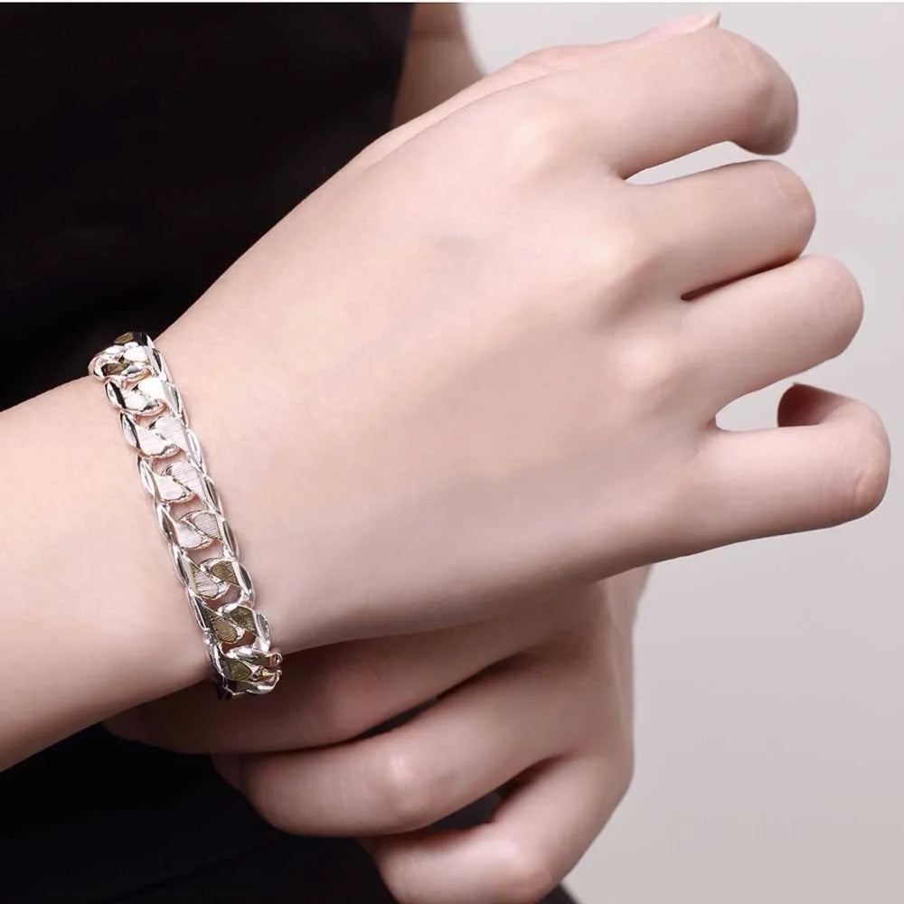 New High Quality Women Men Noble 925 stamp silver color Bracelet Jewelry Men's 10mm Side Of The Side Buckle Bracelet Pulseiras