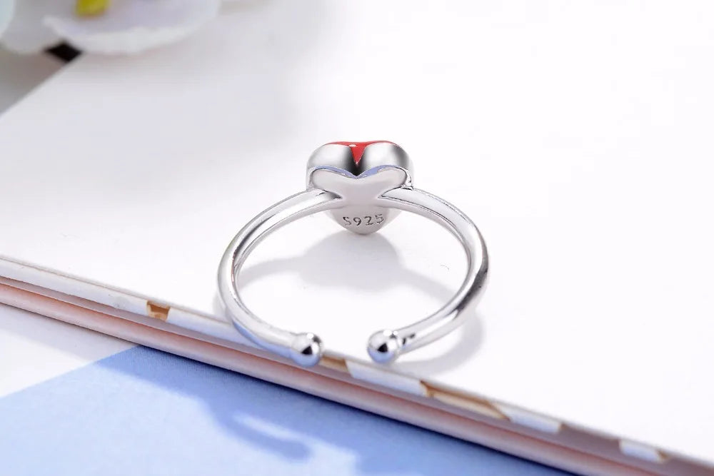 100% 925 Real Sterling Silver Fine Jewelry Red Heart Cocktail Ring Sizable 5 6 7 Girl  Kids Xmas Gift Xy855