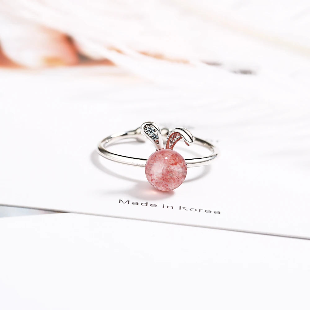 Real 925 Sterling Silver Pink Strawberry Crystal Rabbit Rings For Women Opening Adjustable Ring Jewelry Girls Birthday Gift