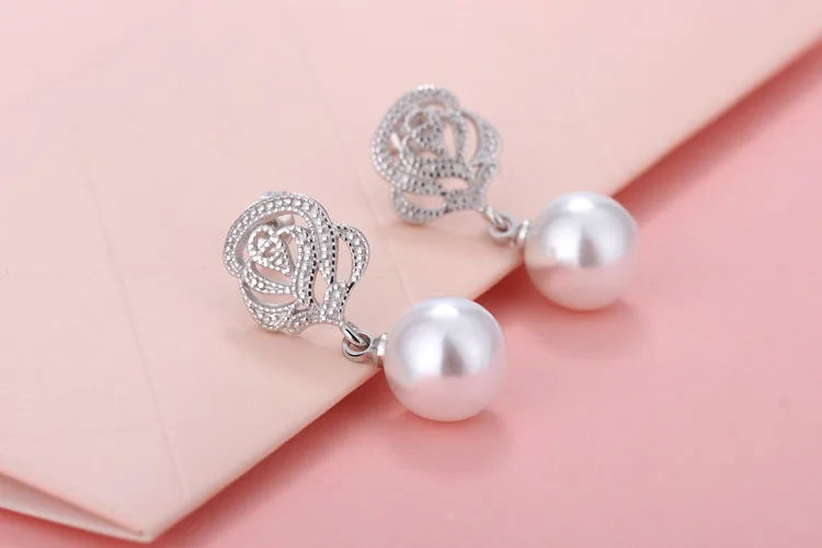 Real Freshwater Pearl Earrings For Women 925 silver needle Pearl Carving Roses Flower Earrings Fine Jewelry Brincos