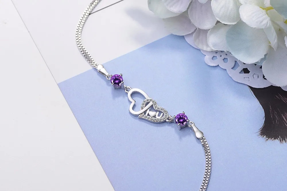 925 Sterling Silver Eternal Love Heart Zirconia Double Layer Chain Bracelet For Women Pulseira Feminina S-b47