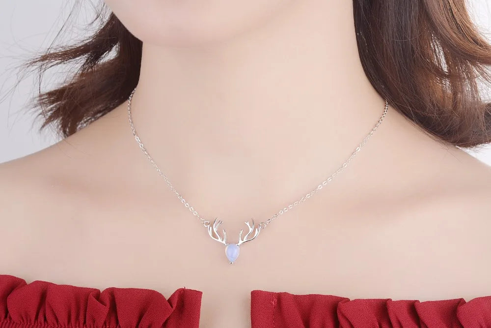 Hot Sale Christmas Jewelry 925 Sterling Silver Colorful Moonstone Elk Deer Necklace For Women Chain Collares S-n265