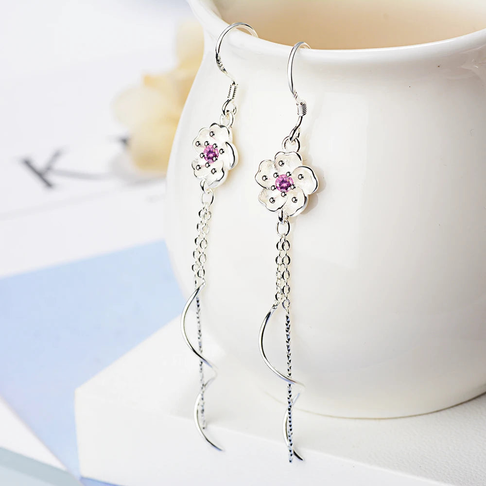 925 stamp silver color Cherry Blossoms Tassel Drop Earrings For Women Wedding Jewelry Earring Female Brinco Oorbellen Eh854