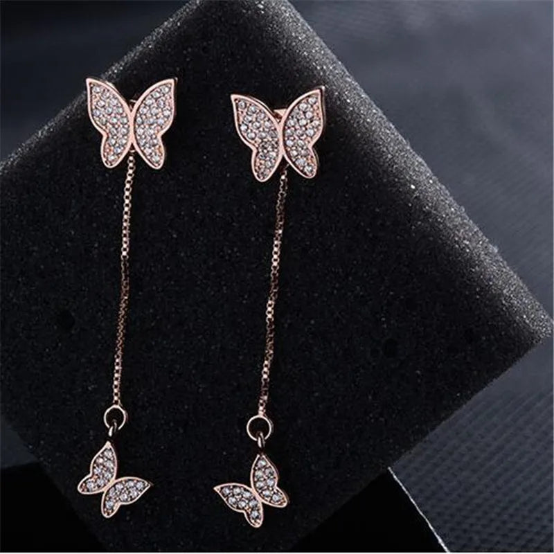 925 Sterling Silver Earrings For Women Dazzling Micro Cz Zirconia Butterfly Tassel Earrings Oorbellen S-e559