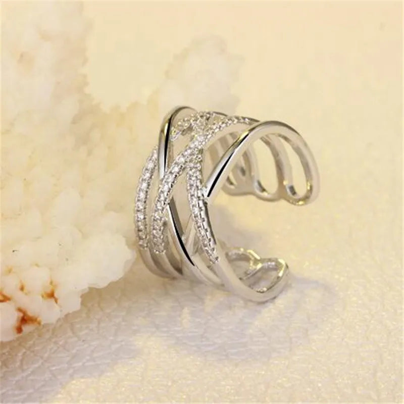 Korean Style 925 Sterling Silver Opening Rings Multi-layer Line Cross Mosaic Zirconia Rings For Women Jewelry S-r243