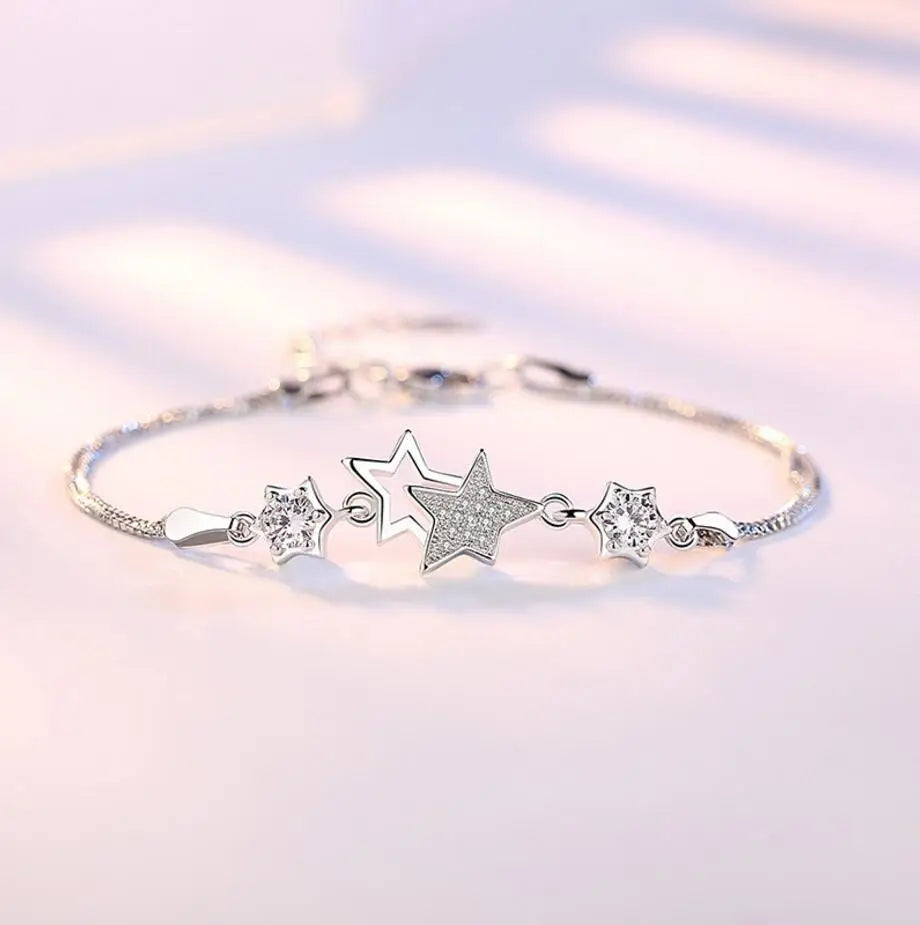 Hot Fashion 925 Sterling Silver Bracelets & Bangles Zirconia Crystal Star Peach Blossom Flower Pulseira Feminina S-b30