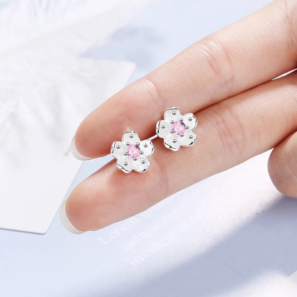 925 Sterling Silver White/purple/pink Zirconia Cherry Blossoms Flower Earring For Women Sterling-silver Fine Jewelry Pendientes