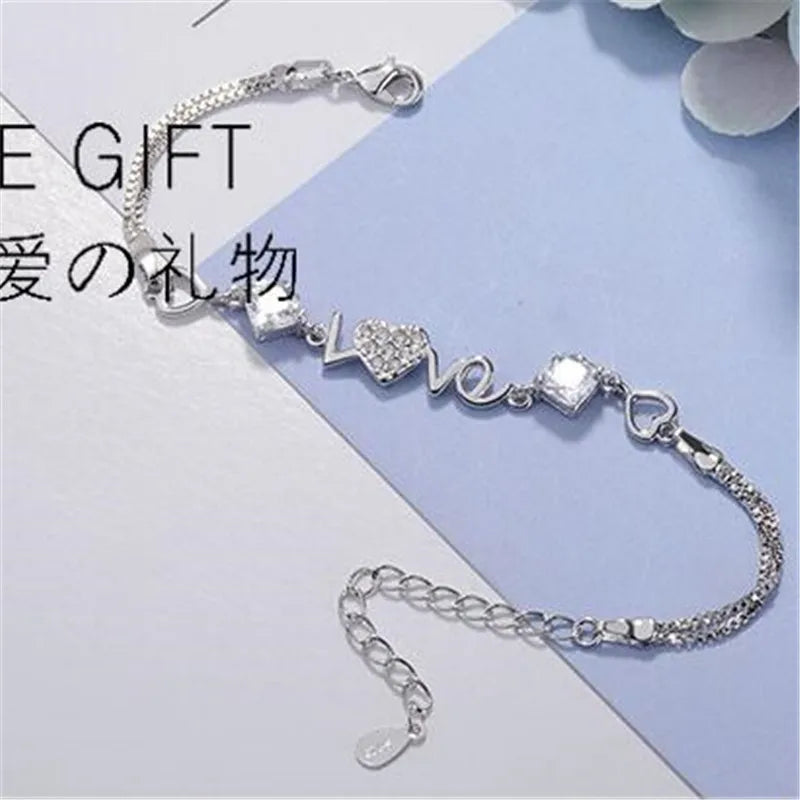 925 Sterling Silver Crystal Heart Charm Bracelet For Women Bracelets & Bangles For Female Girls Gift Pulseira Feminina