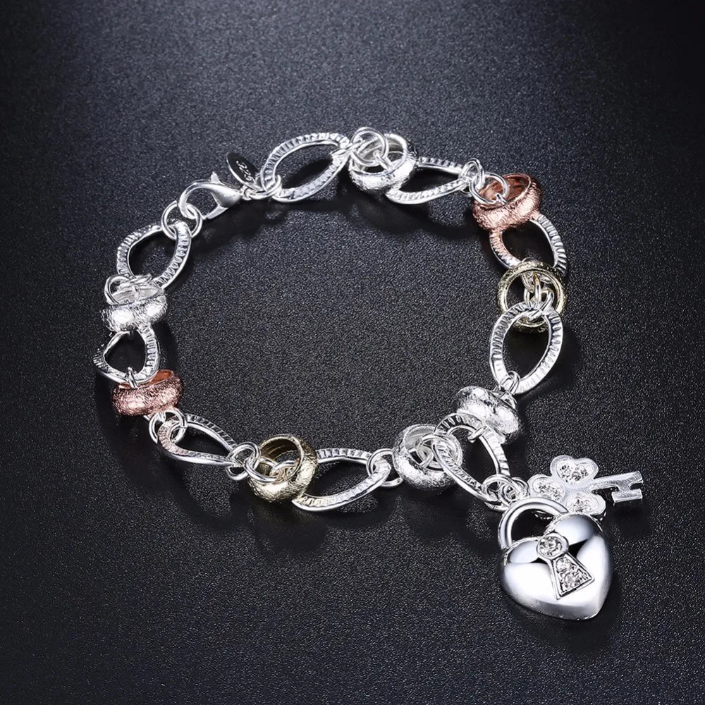 925 stamp silver color Bracelet Women Bracelet Fine Jewelry Crystal Heart Lock Flower Simple Droplets Lobster Clasp