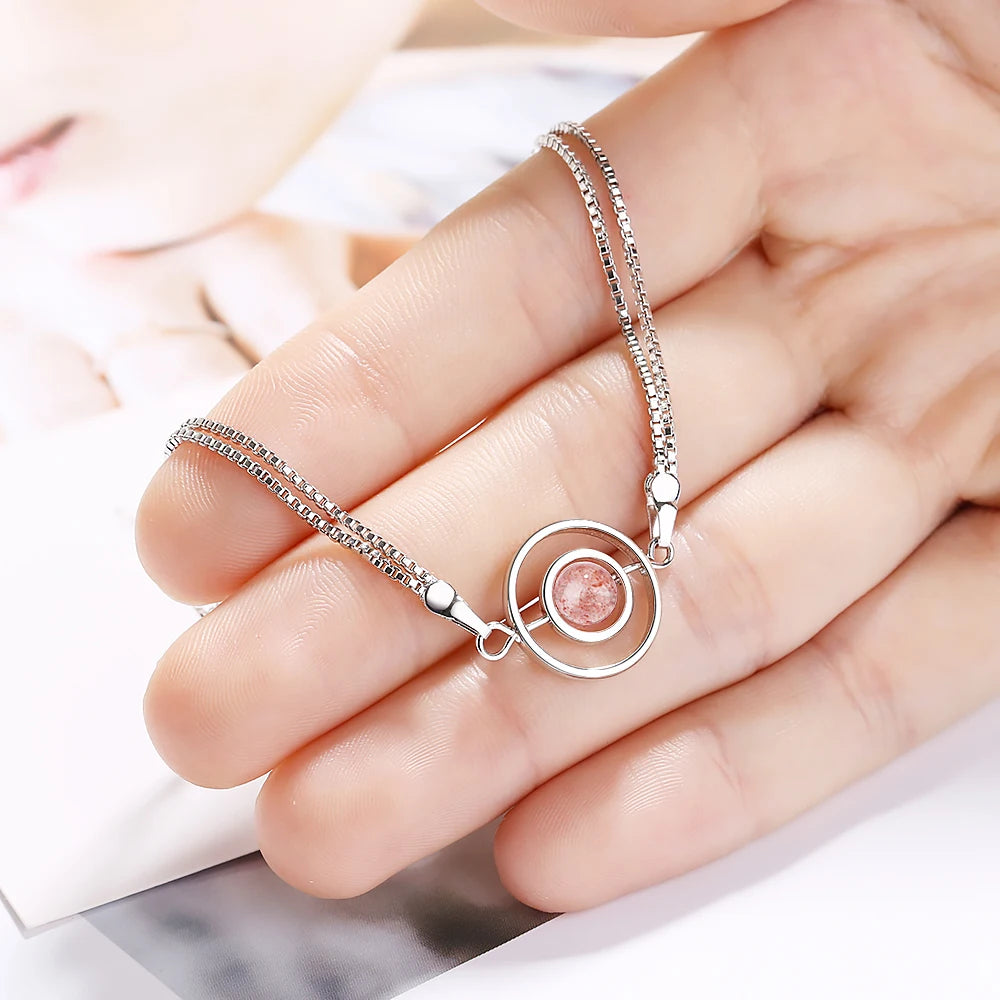 Real. 925 Sterling Silver Fine Jewelry 8mm Natural Strawberry Quartz Stone Into The Circle Chain Bracelet Gtls516