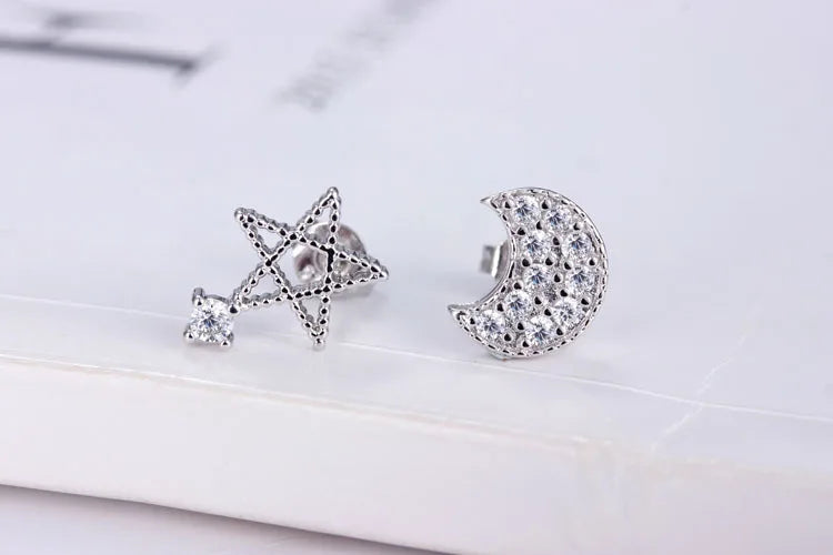 925 Solid Sterling Silver Jewelry Cute Star Moon Setting Cubic Zirconia Stud Earring For Women Creative Fine Jewelry